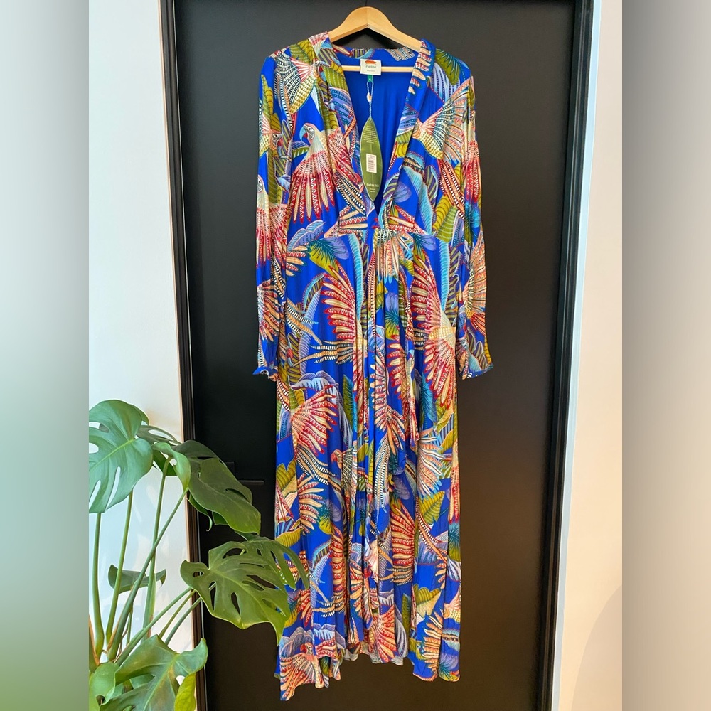 FARM Rio Blue Tropical Maxi Dress with Multicolor Leaf Print
